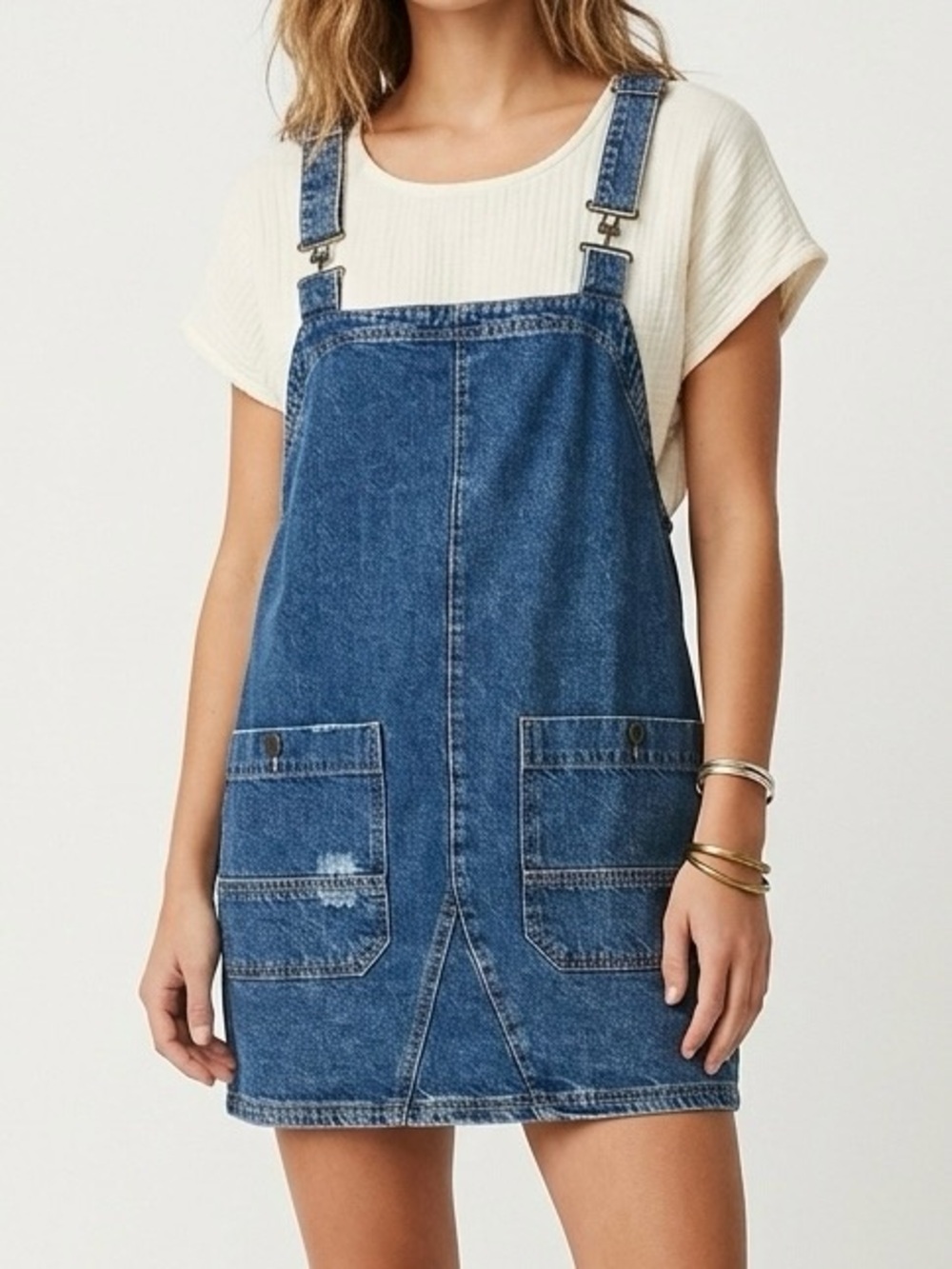 NWT Free People We The Free Overall Smock Mini Denim Dress Sapphire Size L Boho